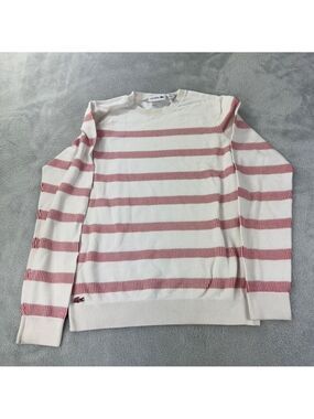 Lacoste Cream and Red Striped Crew Neck Sweater